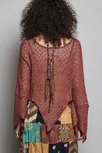 Powder Brick Round Neck Crochet Raw Edge Solid Knit Top