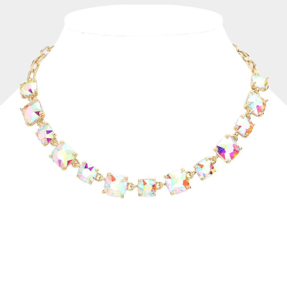 Gold Cushion Square Stone Link Evening Necklace