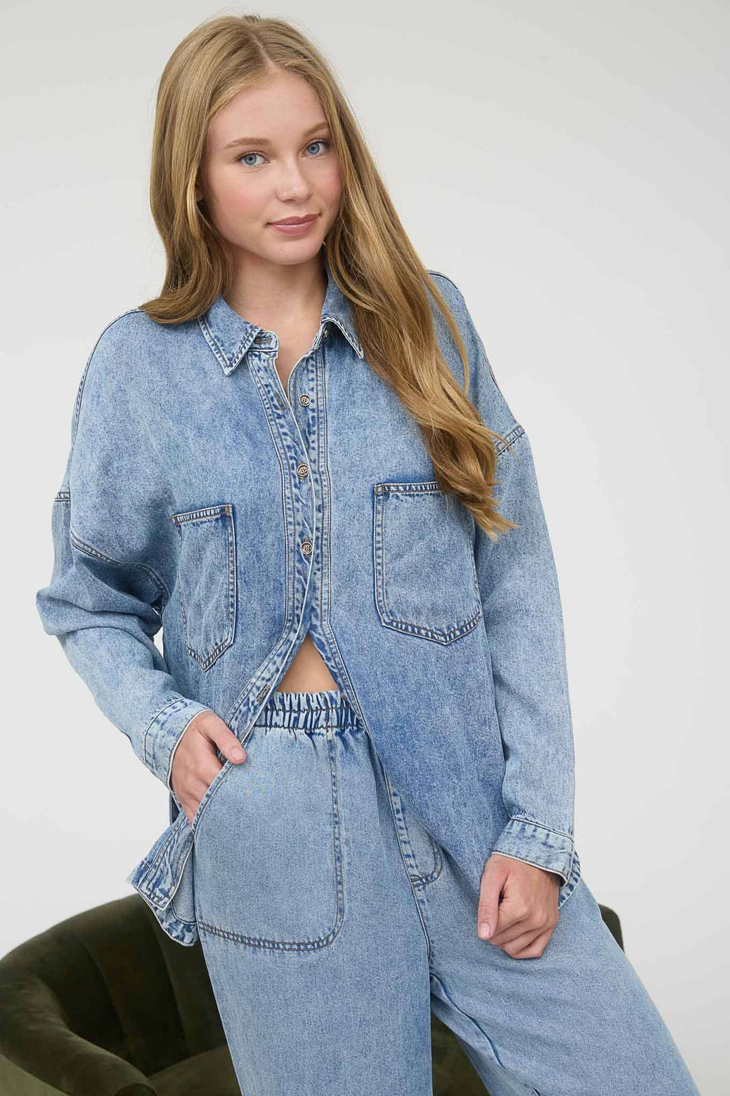 Chambray Washed Button Down Long Sleeve Shirt