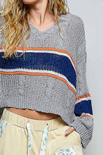 Grey Striped Cable Knit Straight Sleeve Acrylic POL Sweater