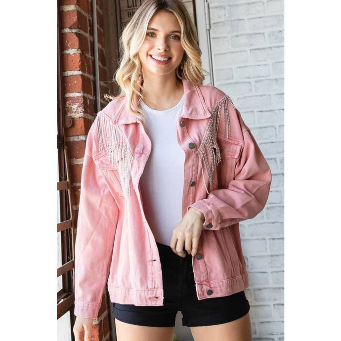 Pink Rhinestone Fringe Oversize Denim Veveret Jacket