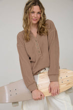 Mocha Washed Ribbed Long Sleeve Henley Knit Top