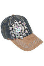 Light Denim Tan Sunflower Bejeweled Glitz Two-Toned Cap, Adjustable: