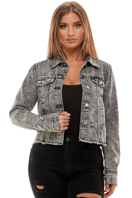 Black Acid Wash Denim Jacket with Raw Hem