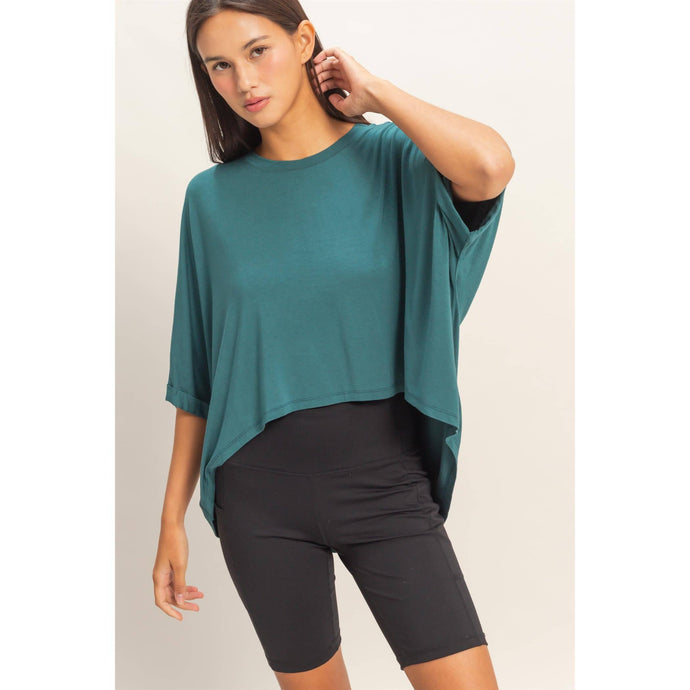 Dark Teal Relaxed High-Low Batwing Sleeve Top