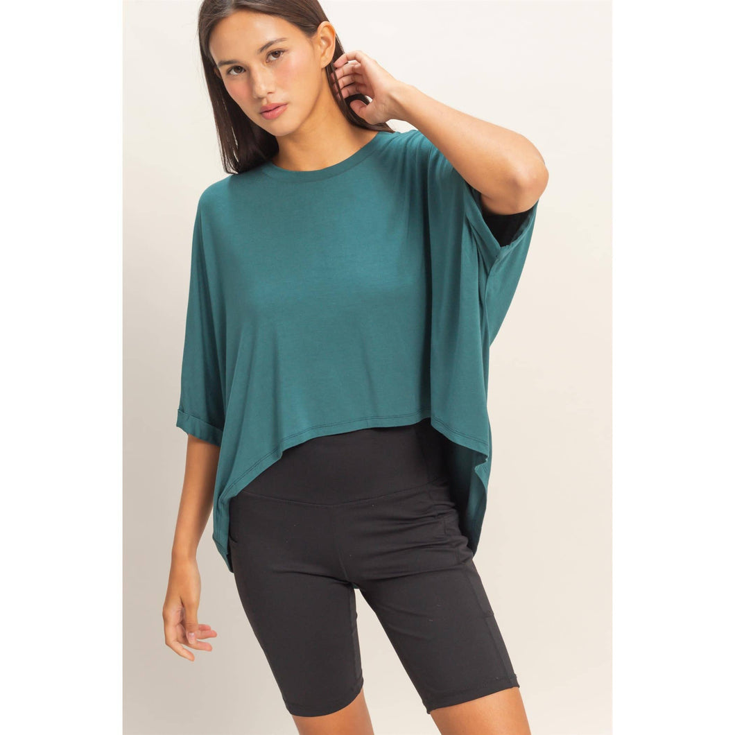 Dark Teal Relaxed High-Low Batwing Sleeve Top