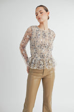 Cream Sheer Smocked Embroidered Mesh Peplum Top