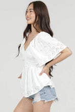 White Eyelet Embroidered V Neck Smocked Bust Blouse
