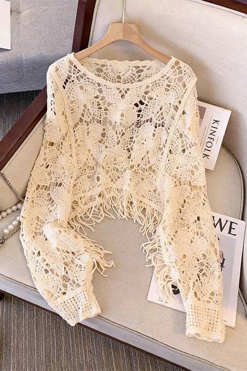 Beige Elegant Cropped Open-Knit Top