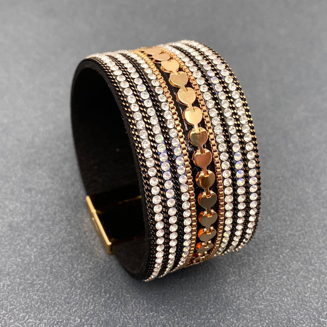 Black Sparkling Rhinestone Leather Magnetic Clasp Bracelet