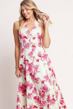 Ivory Fuchsia printed woven halter midi dress