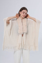 Ivory Faux Fur Collar Knit Poncho Shawl Fringed