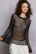 Charcoal Round Neck Open-Knit Long Sleeve Thin Sweater POL Top