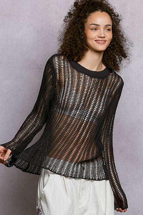 Charcoal Round Neck Open-Knit Long Sleeve Thin Sweater POL Top