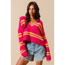 FUZZY HAIRY STRIPE DEEP U NECK SWEATER TOP: MUSTARD/DT BLUE / XL