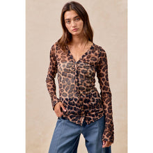 Leopard Button Up V Neck Mesh Top