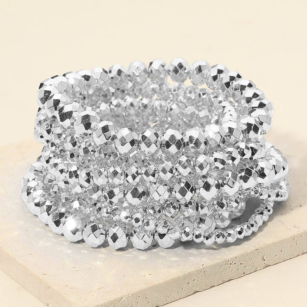 Silver Faceted Beaded Stretch Multi Layered Bracelets