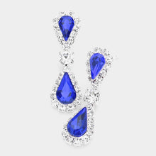 Saphire Silver Double Teardrop Accented Rhinestone Trimmed Dangle Evening Earrings