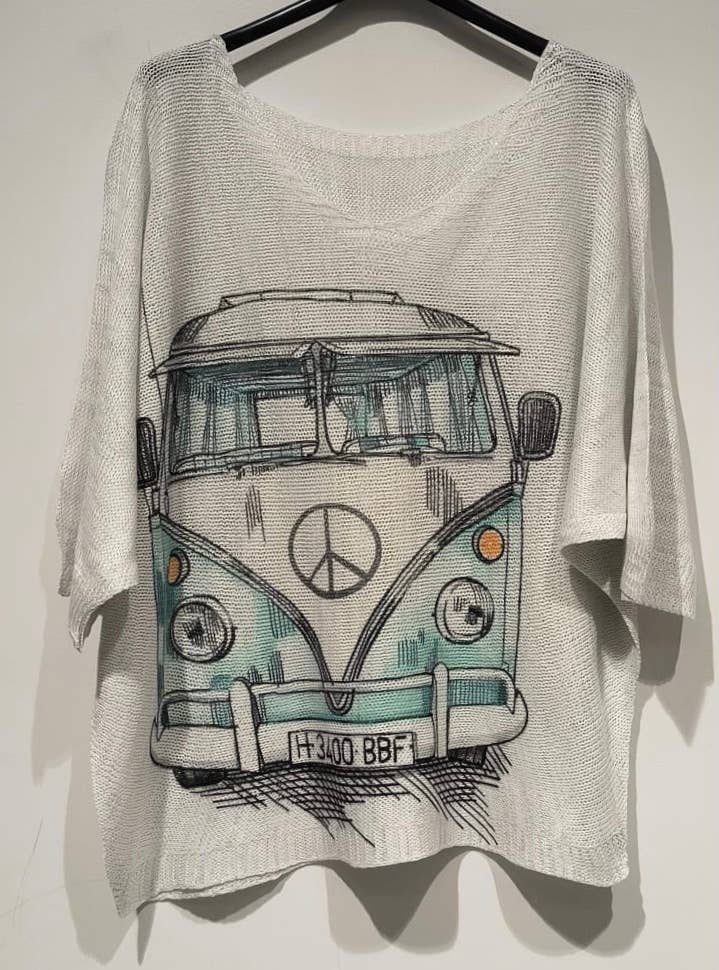 White Van Knit Printed Sweater 3/4 sleeves