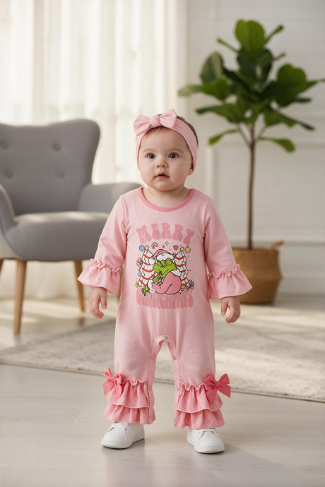 Merry Grin-mas pink printed baby romper