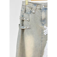 Vintage Blue Denim Skirt with Lace Ruffle Applique