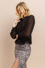 Black Smocked Neck Sheer Sleeve Blouse Top