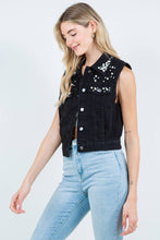 Black Embellished Pearl Beaded Denim Vest