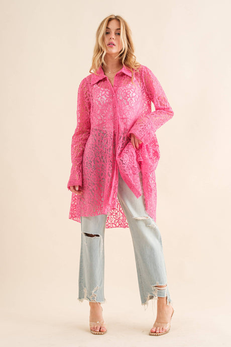 Hot Pink Lace Tunic Flow Hem Bell SLV Button Up Shirt