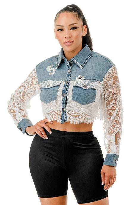 Blue Pearl Brooch & Lace Sleeve Cropped Denim Jacket