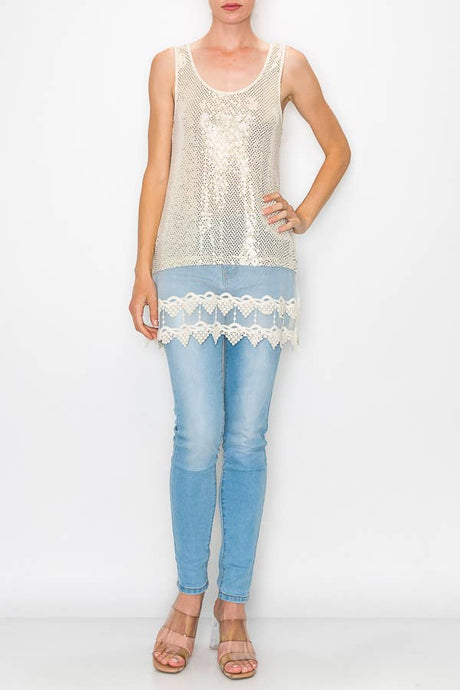 Beige Sparkly Lace Layer Origami Tank Top