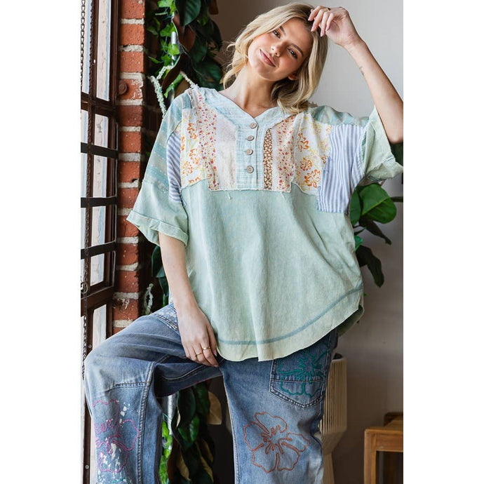 Sage Washed Printed Half Placket Henley Neck Oli+Hali Shirt