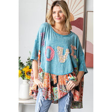 Blue Wahed Round Neck Love Patchwork Ruffle Hem Oli+Hali Top