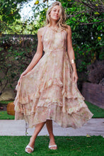 Ivory Floral Waterfall Ruffle Midi Dress Crochet Trim