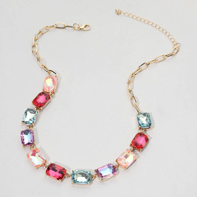 Multi Cushion Rectangular Stone Cluster Link Evening Necklace