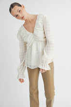 Ivory Sheer Textured V-Neck Blouse with Back Ribbon