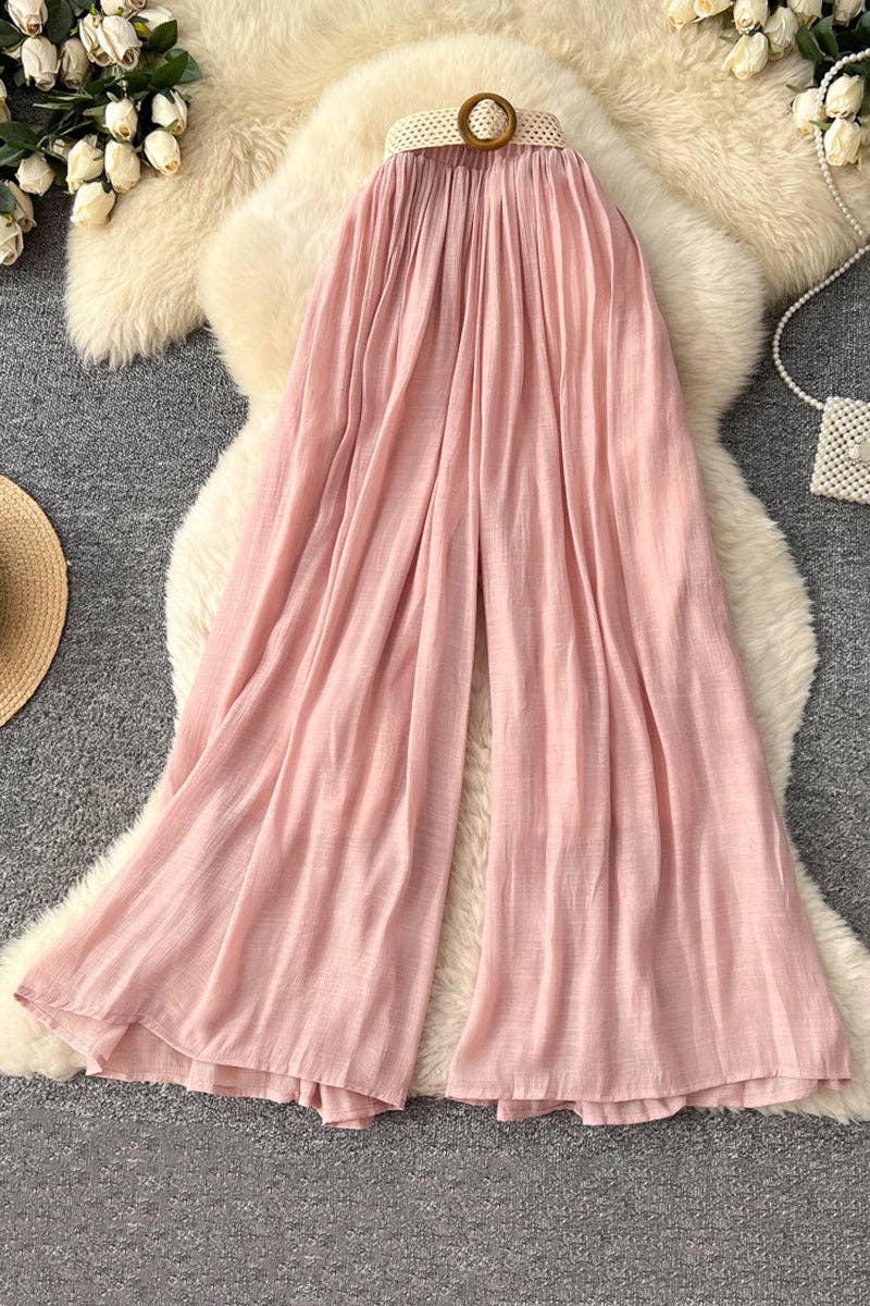 Pink Elegant High-Waisted Wide-Leg Trousers