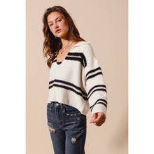 FUZZY HAIRY STRIPE DEEP U NECK SWEATER TOP: IVORY/BLACK / S
