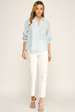 Light Blue Pearl Pocket Relaxed Button Down Blouse