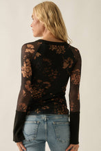 Black Floral-Print Mesh Raglan-Sleeve Split-Cuff Henley Top