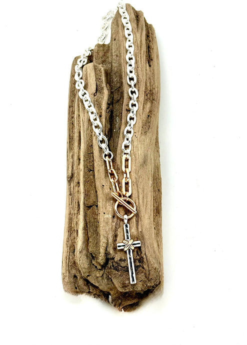 Necklace AlloyPlated Lg.Multi Metal Cross w/Gold Toggle 18”