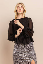 Black Smocked Neck Sheer Sleeve Blouse Top