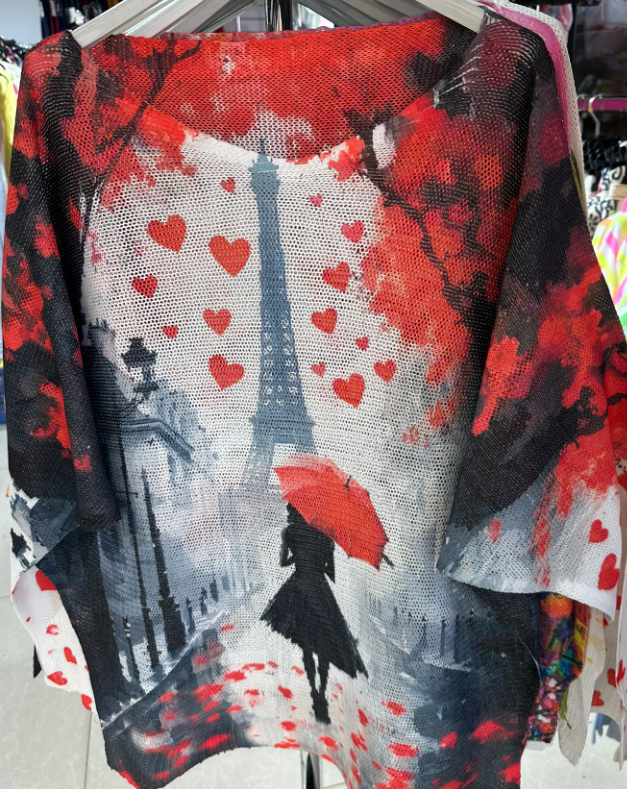 Red Hearts Eiffel Tower Round Knit Printed Sweater