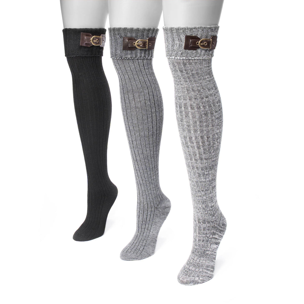 Ebony Muk Luks Women's 3 Pair Buckle Cuff Over the Knee Socks