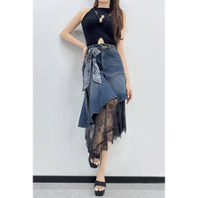 Blue Asymmetrical Denim & Lace Skirt with Belt
