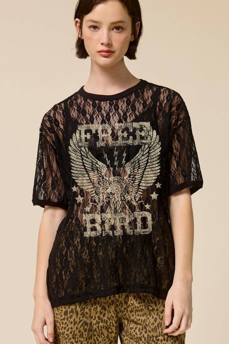 Black Free Bird 1 Tone Vintage Graphic Sheer Lace Tee