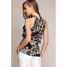 Black Haltered Neck Ruched Peplum Printed Top
