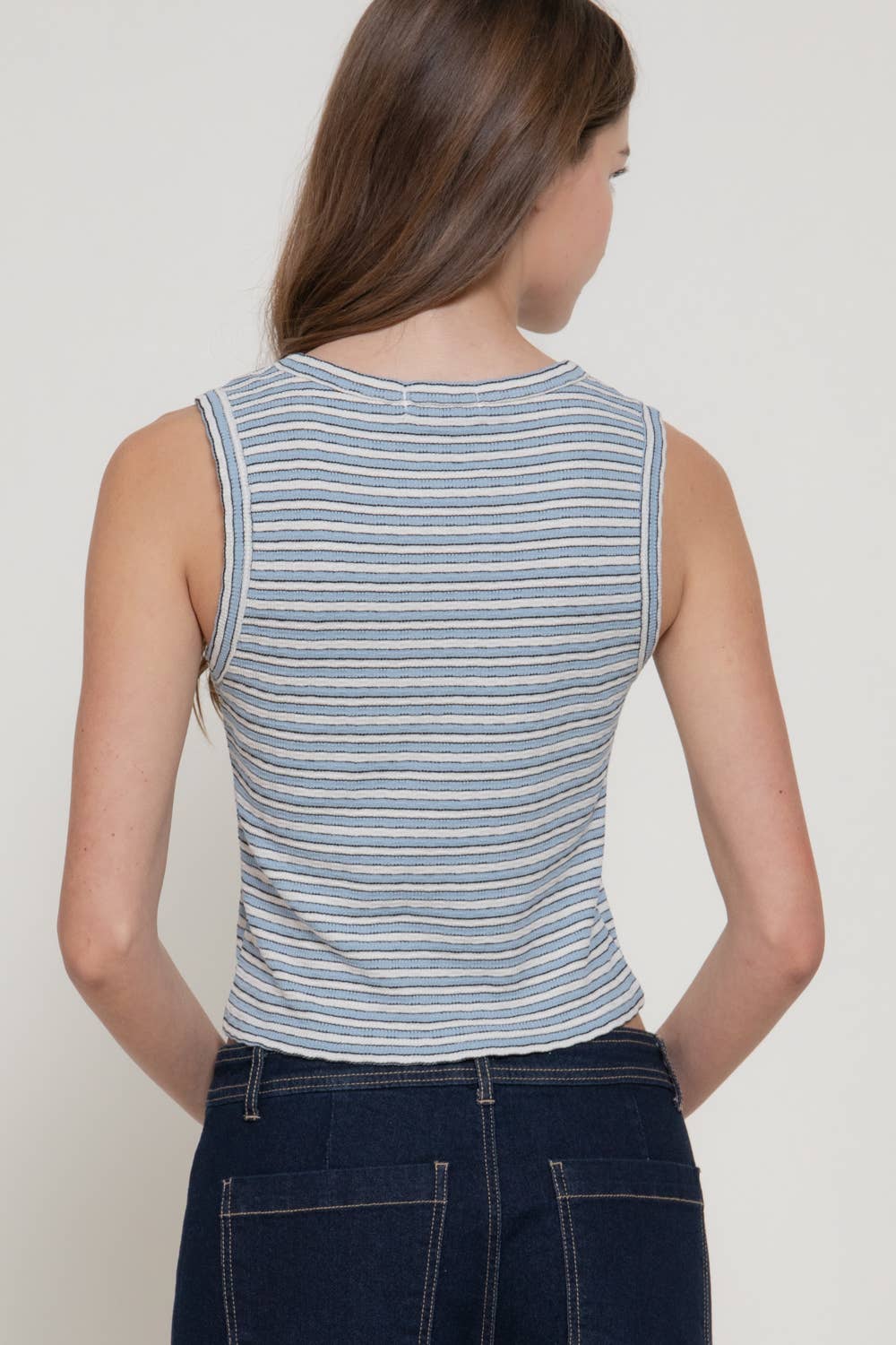 Blue White Sleeveless Crew Neck Strip Texture Knit Top