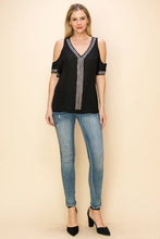 Black Embellished Cold Shoulder Short Sleeve Blouse