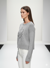 Camellia Rhinestone Sweater Cropped Knit Pullover: Grey / Missy, Contemporary / One Size