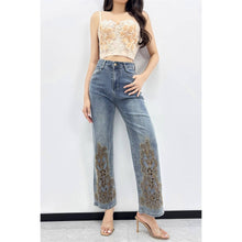 Blue Embroidered Rhinestone Detail Denim Pants